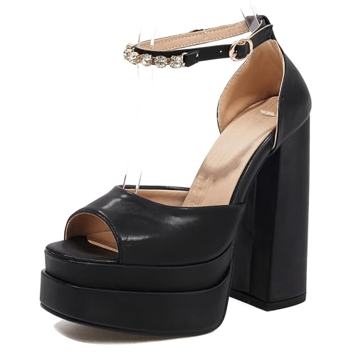 Bviennic Damen Hohen Blockabsatz Sandals mit Plateau Solid 0703 Schwarz Gr 40.5 EU/42Cn von Bviennic