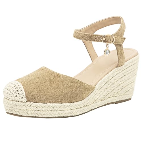 Bviennic Damen Keilabsatz Sandals Plateau Geschlossen Schnalle Espadrille High Sandalen Khaki Gr 36.5 EU/37Cn von Bviennic