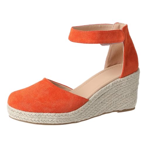 Bviennic Damen Keilabsatz Sandals Plateau Geschlossen Schnalle Espadrille Runde Zehen High Sandalen Orange Gr 36.5 EU/37Cn von Bviennic