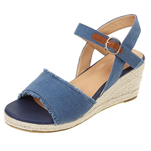 Bviennic Damen Keilabsatz Sandals Plateau Schnalle Peep Toe Espadrille High Sandalen Blau Gr 33 EU/32Cn von Bviennic