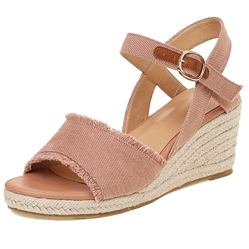 Bviennic Damen Keilabsatz Sandals Plateau Schnalle Peep Toe Espadrille High Sandalen Pink Gr 39 EU/40Cn von Bviennic