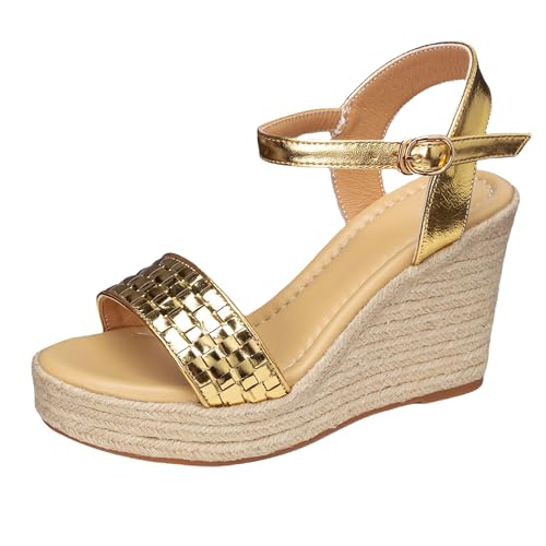 Bviennic Damen Keilabsatz Sandals Plateau Weit Fit Offene Zeh Espadrille Schnalle Knöchelriemchen High Sandalen Gold Gr 38 EU/39Cn von Bviennic