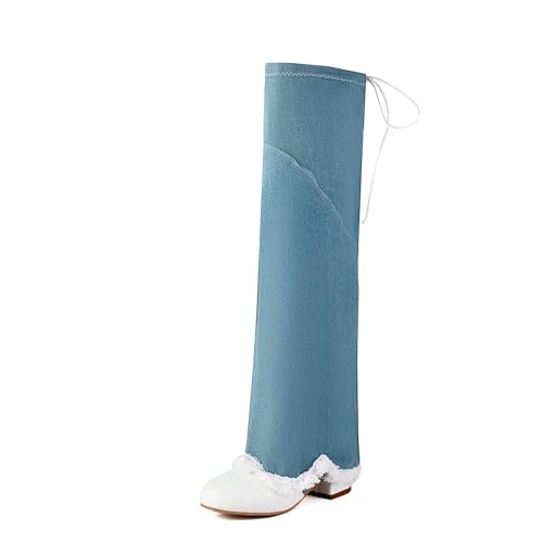 Bviennic Damen Kniehohe Stiefel Block Mitte Absatz Mode Runde Zehen Ohne Verschluss Daily 2210 Light-Blau Gr 41 EU/43Cn von Bviennic