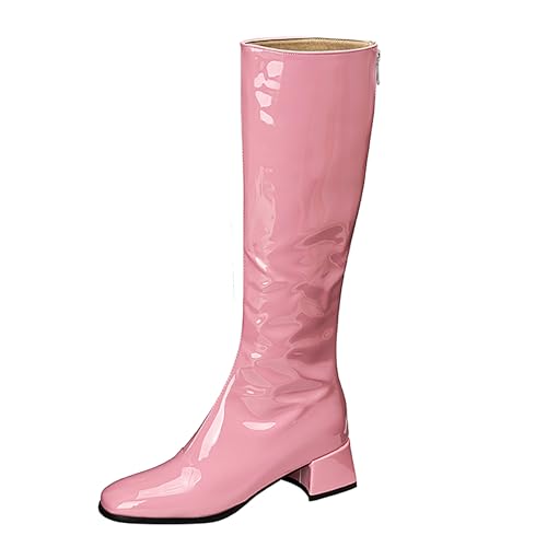 Bviennic Damen Kniehohe Stiefel Block Mitte Absatz Mode Runde Zehen Zip Party 2322 Pink-Rl Gr 37 EU/38Cn von Bviennic