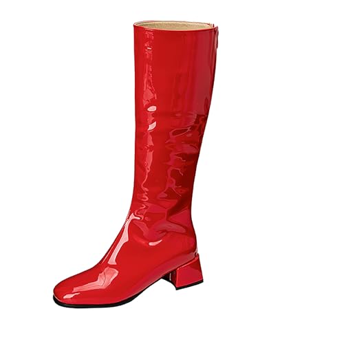 Bviennic Damen Kniehohe Stiefel Block Mitte Absatz Mode Runde Zehen Zip Party 2322 Rot-Rl Gr 37 EU/38Cn von Bviennic
