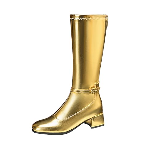 Bviennic Damen Kniehohe Stiefel Block Mitte Absatz Mode Square Toe Zip Party 2476 Gold Gr 41 EU/43Cn von Bviennic