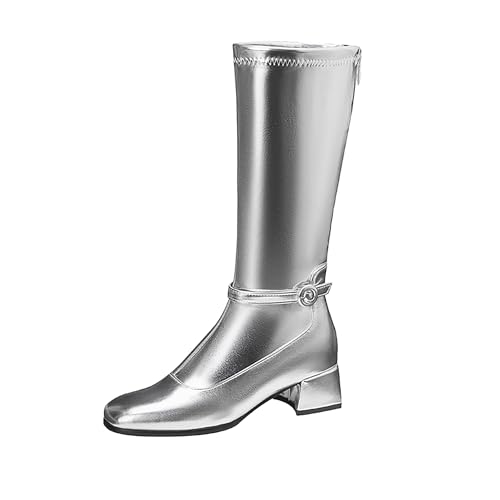 Bviennic Damen Kniehohe Stiefel Block Mitte Absatz Mode Square Toe Zip Party 2476 Silber Gr 39 EU/40Cn von Bviennic