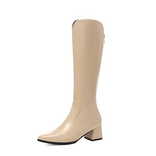 Bviennic Damen Kniehohe Stiefel Block Mitte Absatz Simple Runde Zehen Zip Party 2368 Aprikose Gr 44 EU/46Cn von Bviennic