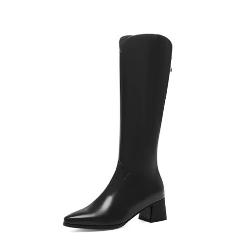 Bviennic Damen Kniehohe Stiefel Block Mitte Absatz Simple Runde Zehen Zip Party 2368 Schwarz Gr 37 EU/38Cn von Bviennic