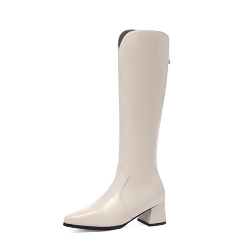 Bviennic Damen Kniehohe Stiefel Block Mitte Absatz Simple Runde Zehen Zip Party 2368 Weiß Gr 48.5 EU/51Cn von Bviennic