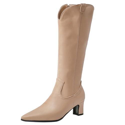 Bviennic Damen Kniehohe Stiefel Block Mitte Absatz Solid Pointed Toe Zip Party 2425 Aprikose Gr 42 EU/44Cn von Bviennic