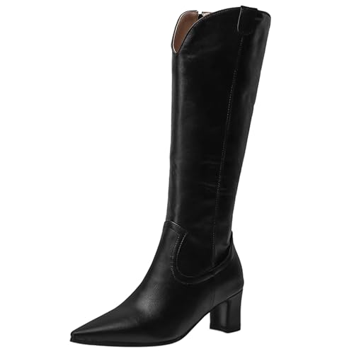 Bviennic Damen Kniehohe Stiefel Block Mitte Absatz Solid Pointed Toe Zip Party 2425 Schwarz Gr 33.5 EU/33Cn von Bviennic