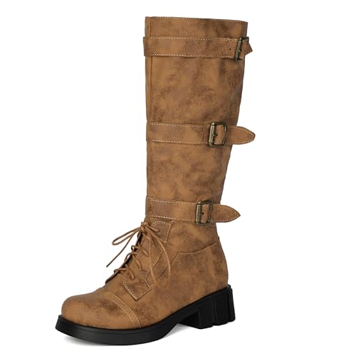 Bviennic Damen Kniehohe Stiefel Block Mitte Absatz mit Plateau Mode Runde Zehen Ohne Verschluss Riding 2388 Gelb Gr 39 EU/40Cn von Bviennic