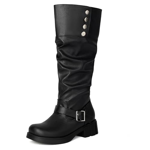 Bviennic Damen Kniehohe Stiefel Block Mitte Absatz mit Plateau Mode Runde Zehen Ohne Verschluss Slouch 2386 Schwarz Gr 35 EU von Bviennic