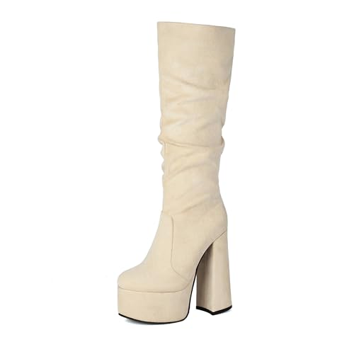 Bviennic Damen Kniehohe Stiefel Chunky Höhe Ferse mit Plateau Mode Runde Zehen Zip Party 2352 Beige Gr 35 EU von Bviennic