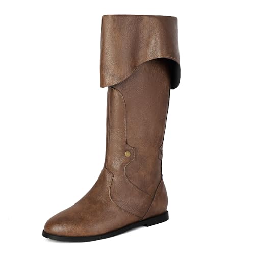 Bviennic Damen Kniehohe Stiefel Flach Mode Runde Zehen Zip Riding 2382 Braun Gr 38 EU/39Cn von Bviennic