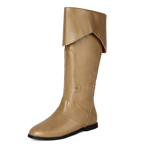 Bviennic Damen Kniehohe Stiefel Flach Mode Runde Zehen Zip Riding 2382 Khaki Gr 38 EU/39Cn von Bviennic