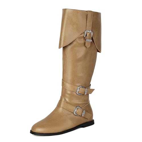 Bviennic Damen Kniehohe Stiefel Flach Mode Runde Zehen Zip Riding 2384 Khaki Gr 40 EU/41Cn von Bviennic