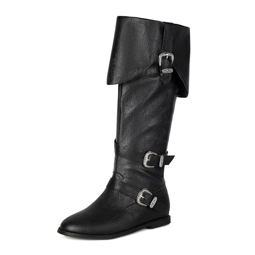 Bviennic Damen Kniehohe Stiefel Flach Mode Runde Zehen Zip Riding 2384 Schwarz Gr 40 EU/41Cn von Bviennic