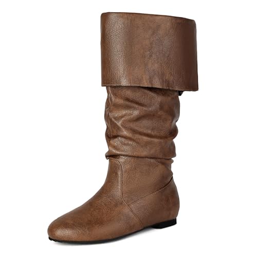 Bviennic Damen Kniehohe Stiefel Flach Simple Runde Zehen Ohne Verschluss Slouch 2383 Braun Gr 39 EU/40Cn von Bviennic