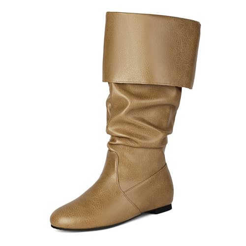 Bviennic Damen Kniehohe Stiefel Flach Simple Runde Zehen Ohne Verschluss Slouch 2383 Khaki Gr 43 EU/45Cn von Bviennic