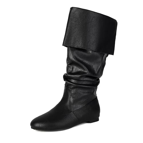 Bviennic Damen Kniehohe Stiefel Flach Simple Runde Zehen Ohne Verschluss Slouch 2383 Schwarz Gr 36 EU von Bviennic