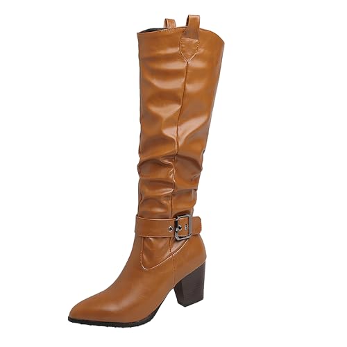 Bviennic Damen Kniehohe Stiefel Hohen Blockabsatz Leisure Pointed Toe Ohne Verschluss Slouch 2412 Braun Gr 41 EU/43Cn von Bviennic