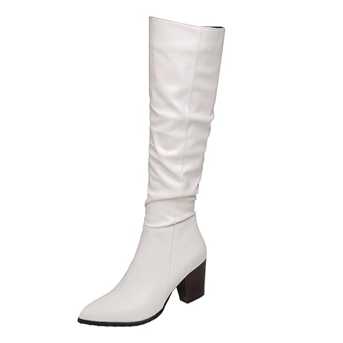 Bviennic Damen Kniehohe Stiefel Hohen Blockabsatz Leisure Pointed Toe Zip Party 2364 Weiß Gr 39 EU/40Cn von Bviennic