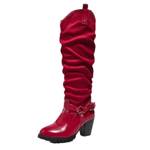 Bviennic Damen Kniehohe Stiefel Hohen Blockabsatz Leisure Runde Zehen Ohne Verschluss Slouch 2328 Rot Gr 38 EU/39Cn von Bviennic