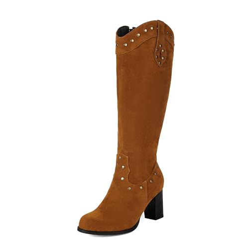 Bviennic Damen Kniehohe Stiefel Hohen Blockabsatz Leisure Runde Zehen Zip Party 2355 Braun Gr 45 EU/47Cn von Bviennic