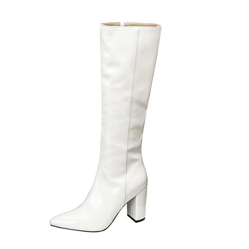 Bviennic Damen Kniehohe Stiefel Hohen Blockabsatz Mode Pointed Toe Zip Party 2321 Beige Gr 36.5 EU/37Cn von Bviennic