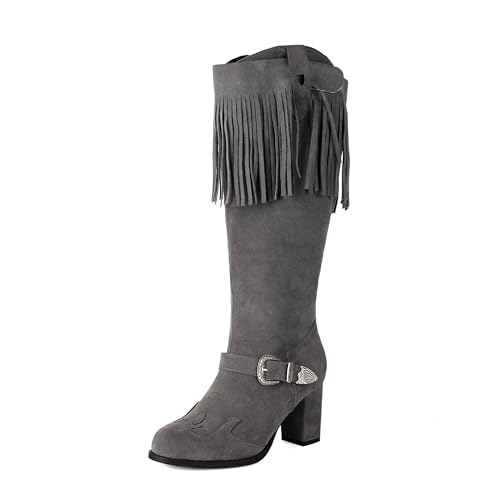 Bviennic Damen Kniehohe Stiefel Hohen Blockabsatz Mode Runde Zehen Ohne Verschluss Party 2354 Grau Gr 40.5 EU/42Cn von Bviennic