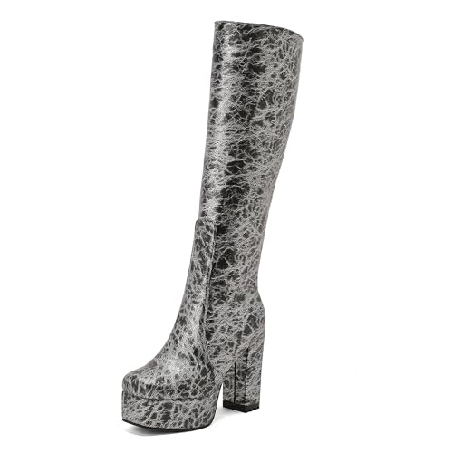 Bviennic Damen Kniehohe Stiefel Hohen Blockabsatz mit Plateau Mode Runde Zehen Zip Party 2406 Schwarz-Dr Gr 40 EU/41Cn von Bviennic