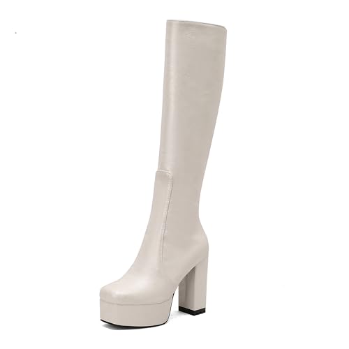 Bviennic Damen Kniehohe Stiefel Hohen Blockabsatz mit Plateau Mode Runde Zehen Zip Party 2406 Weiß-Dr Gr 38 EU/39Cn von Bviennic