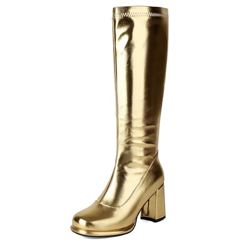 Bviennic Damen Kniehohe Stiefel Hohen Blockabsatz mit Plateau Mode Runde Zehen Zip Party 2431 Gold Gr 38 EU/39Cn von Bviennic