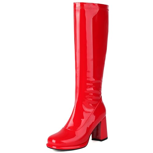 Bviennic Damen Kniehohe Stiefel Hohen Blockabsatz mit Plateau Mode Runde Zehen Zip Party 2431 Rot Gr 47 EU/49Cn von Bviennic