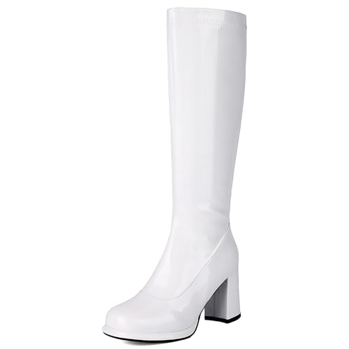 Bviennic Damen Kniehohe Stiefel Hohen Blockabsatz mit Plateau Mode Runde Zehen Zip Party 2431 Weiß Gr 38 EU/39Cn von Bviennic