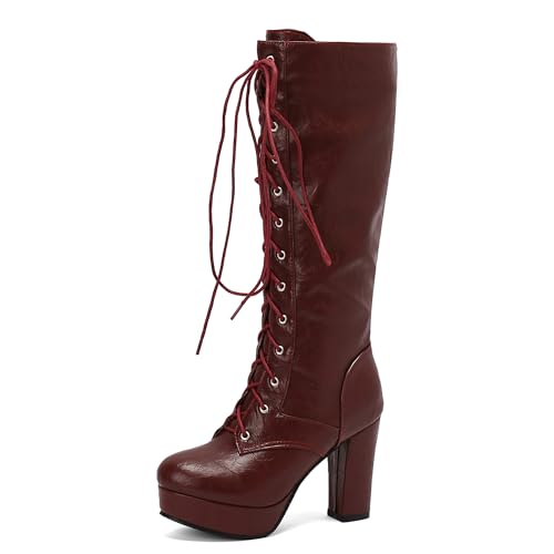 Bviennic Damen Kniehohe Stiefel Hohen Blockabsatz mit Plateau Retro Runde Zehen Schnüren Motocycle 2436 Rotwein Gr 47 EU/49Cn von Bviennic