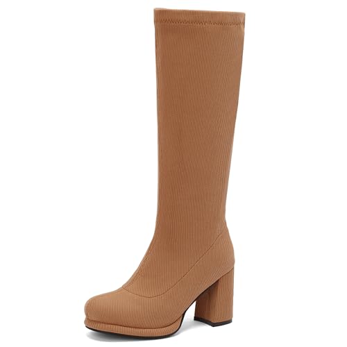 Bviennic Damen Kniehohe Stiefel Hohen Blockabsatz mit Plateau Solid Runde Zehen Ohne Verschluss Slouch 2437 Gelb Gr 40.5 EU/42Cn von Bviennic