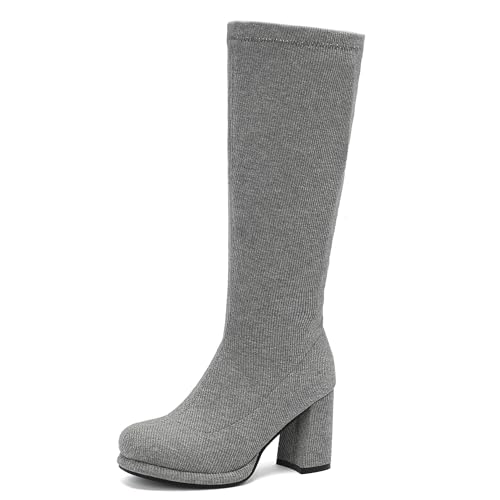 Bviennic Damen Kniehohe Stiefel Hohen Blockabsatz mit Plateau Solid Runde Zehen Ohne Verschluss Slouch 2437 Grau Gr 41 EU/43Cn von Bviennic