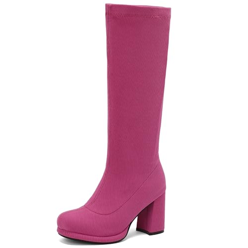 Bviennic Damen Kniehohe Stiefel Hohen Blockabsatz mit Plateau Solid Runde Zehen Ohne Verschluss Slouch 2437 Rose-Rot Gr 36.5 EU/37Cn Bviennic Damen Kniehohe Stiefel Hohen Blockabsatz mit Plateau Solid Runde Zehen Ohne Verschluss Slouch 2437 Rose-Rot Gr 36.5 EU/37Cn von Bviennic