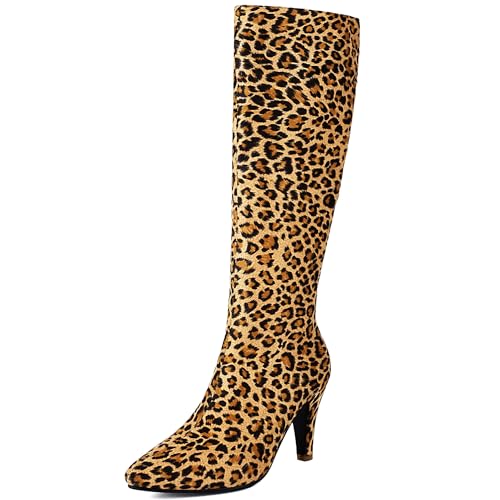 Bviennic Damen Kniehohe Stiefel Kitten Heel Simple Almond Toe Zip Kleid 2457 Leopard-Print Gr 41 EU/43Cn von Bviennic