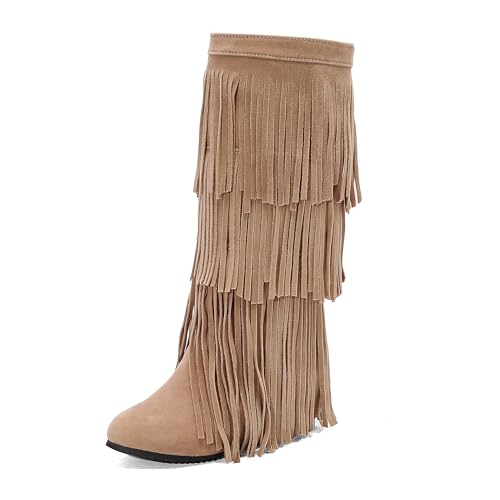 Bviennic Damen Kniehohe Stiefel Mid Keilabsatz Mode Runde Zehen Ohne Verschluss Party 2405 Beige-Dr Gr 41 EU/43Cn von Bviennic