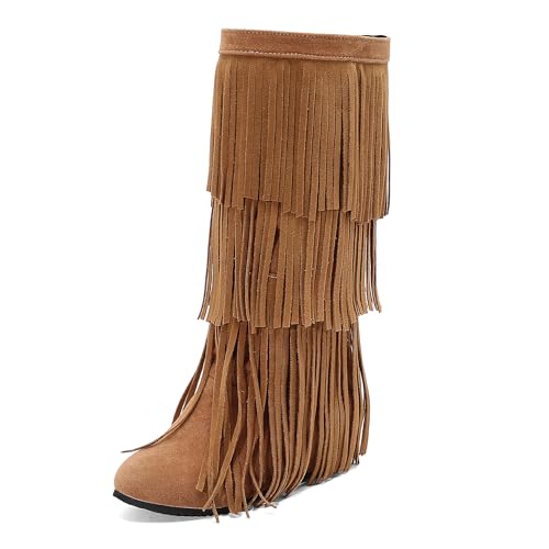 Bviennic Damen Kniehohe Stiefel Mid Keilabsatz Mode Runde Zehen Ohne Verschluss Party 2405 Gelb-Dr Gr 42 EU/44Cn von Bviennic