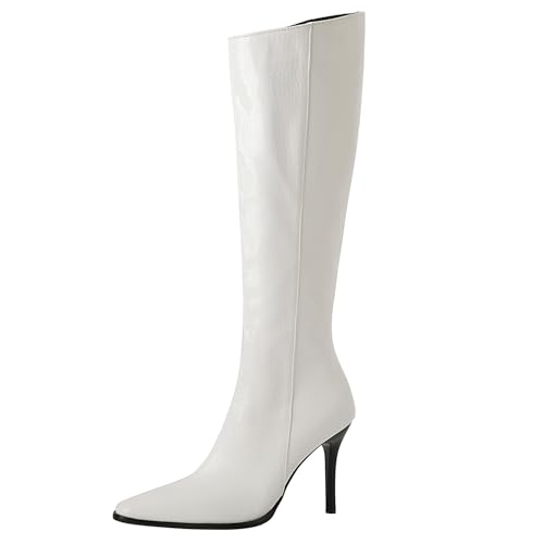 Bviennic Damen Kniehohe Stiefel Stiletto Höhe Ferse Mode Pointed Toe Zip Party 2411 Weiß Gr 45 EU/47Cn von Bviennic