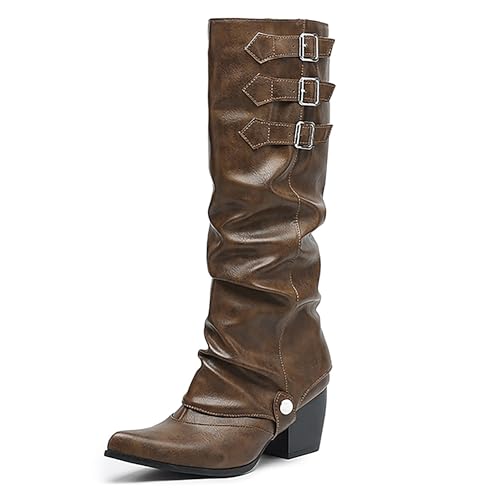 Bviennic Damen Kniehohe Stiefel Western Höhe Ferse Mode Almond Toe Ohne Verschluss Cowboy 2394 Khaki Gr 34 EU von Bviennic