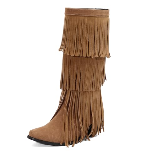 Bviennic Damen Kniehohe Stiefel Western Mitte Absatz Mode Runde Zehen Ohne Verschluss Party 2404 Gelb-Dr Gr 38 EU/39Cn von Bviennic