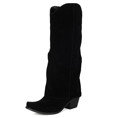 Bviennic Damen Kniehohe Stiefel Western Niedrige Absatz Leisure Square Toe Ohne Verschluss Cowboy 2385 Schwarz Gr 41 EU/43Cn von Bviennic