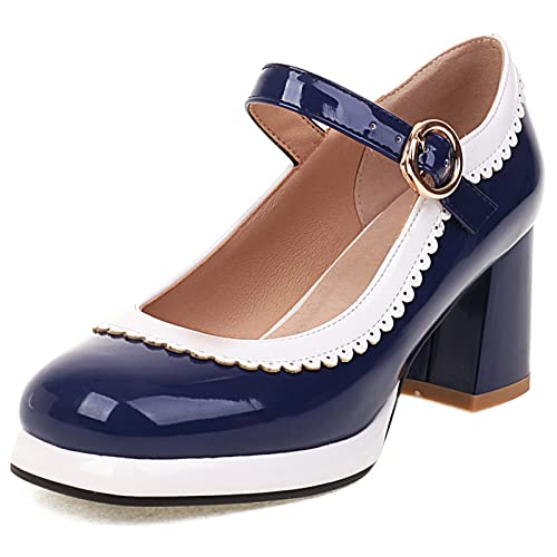 Bviennic Damen Knöchelriemchen Runde Zehen Hochzeit Blockabsatz Pumps Lack Komfort Plateau Sommer Party Hochzeit Schuhe Kleid Blau Gr 39 Eu-40Cn von Bviennic