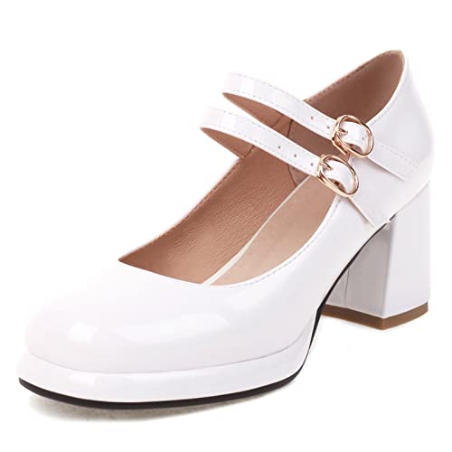 Bviennic Damen Knöchelriemchen Runde Zehen Hochzeit Blockabsatz Pumps Lack Komfort Plateau Sommer Party Hochzeit Schuhe Kleid Weiß Gr 38 Eu-39Cn von Bviennic